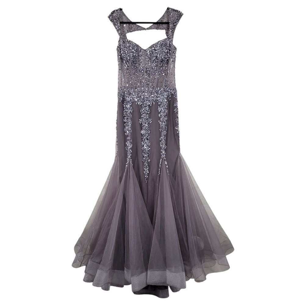 Jovani Beaded Illusion Sheer Corset Silver Smoky Gray Prom Dress Mermaid Formal